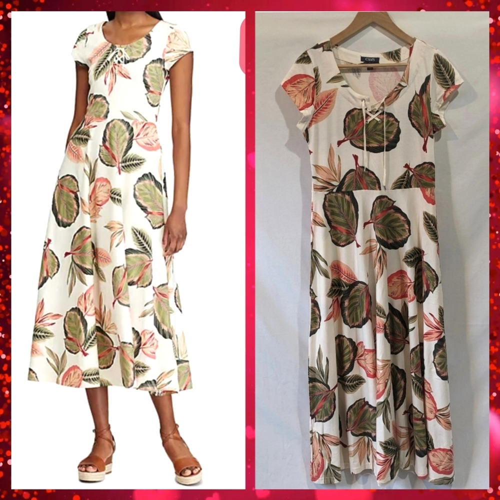 🎈SALE 2 For $50🎈Chaps Safari Botanical Leaf Print Knit Cotton Dress Size M